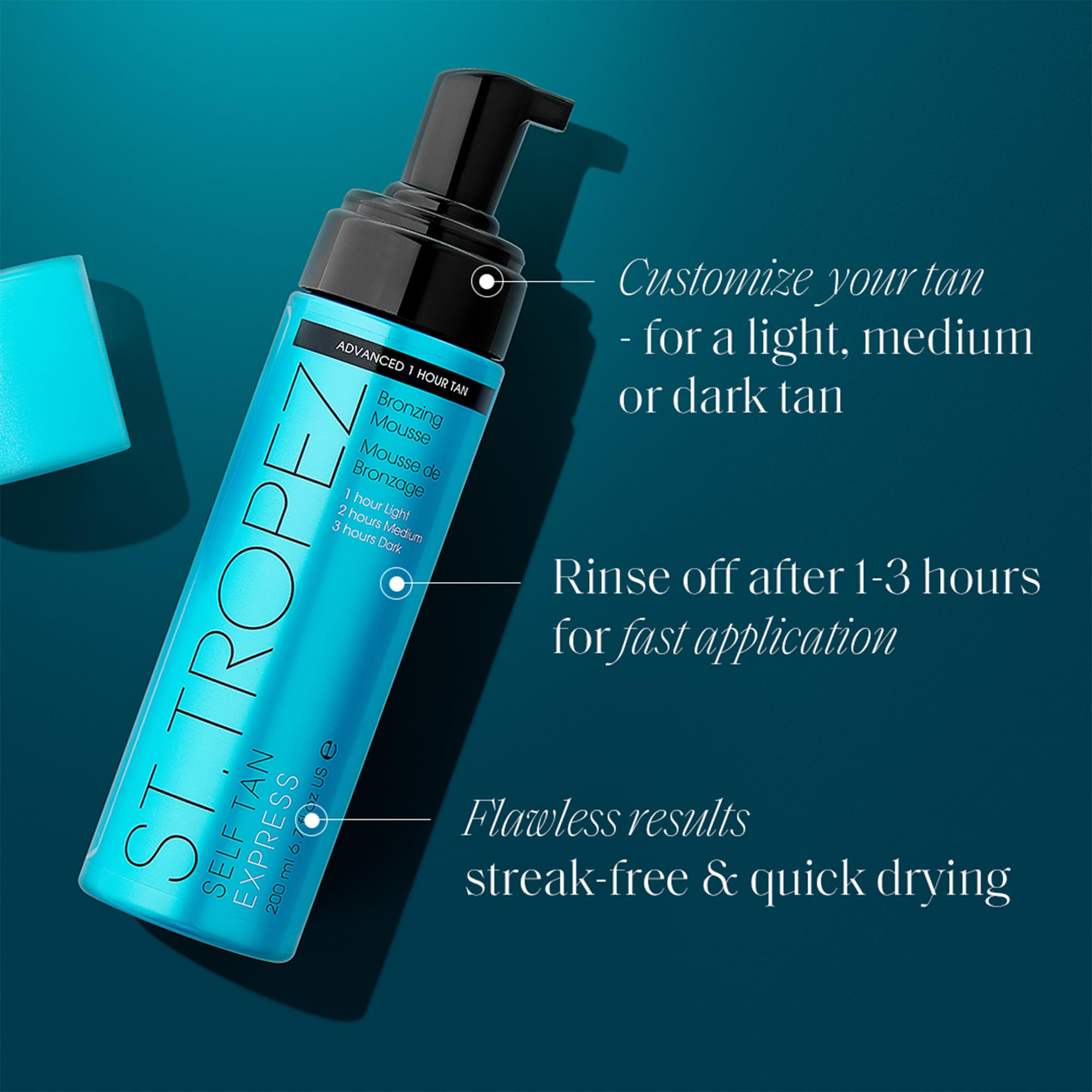 Side profile of St. Tropez Express bronzing mousse bottle