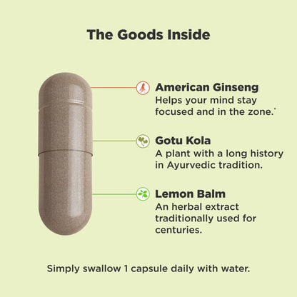 Olly Focus 30 capsules bottle side view with ingredients