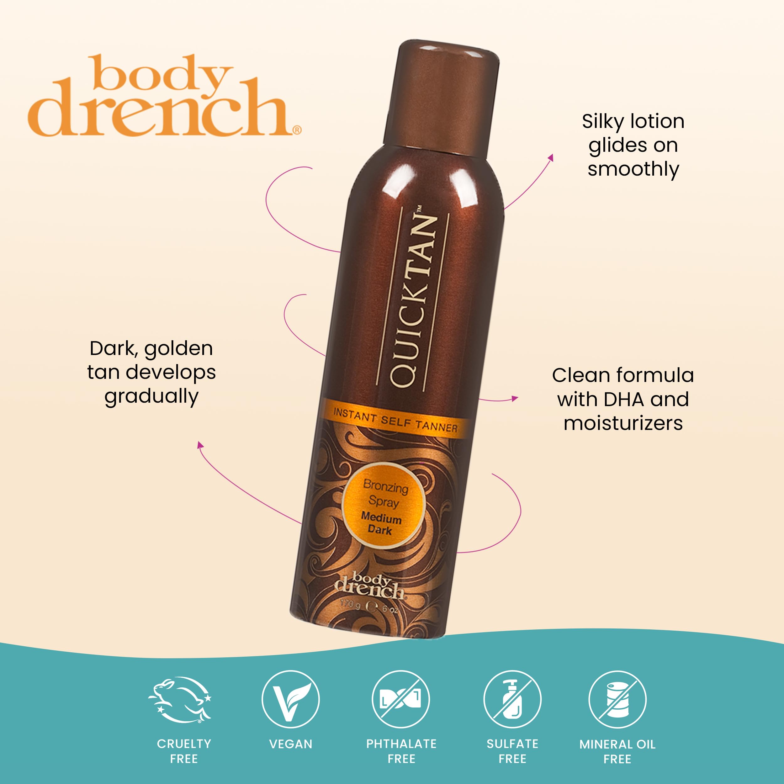 Hand holding Body Drench Quick Tan spray bottle for size reference