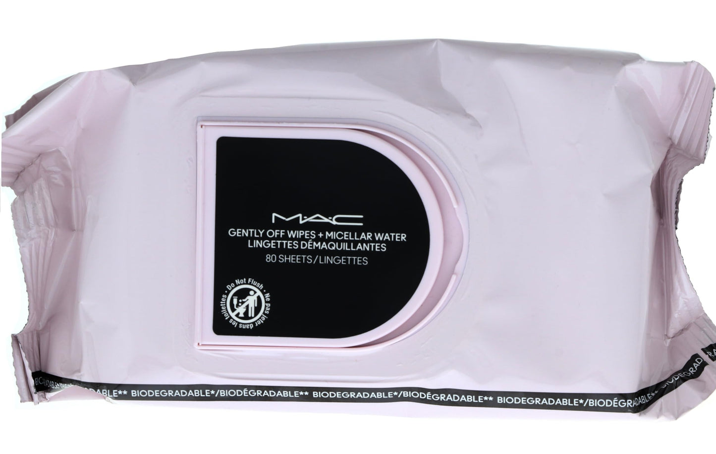 Side view of MAC Gently Off Wipes showing 80 sheet count