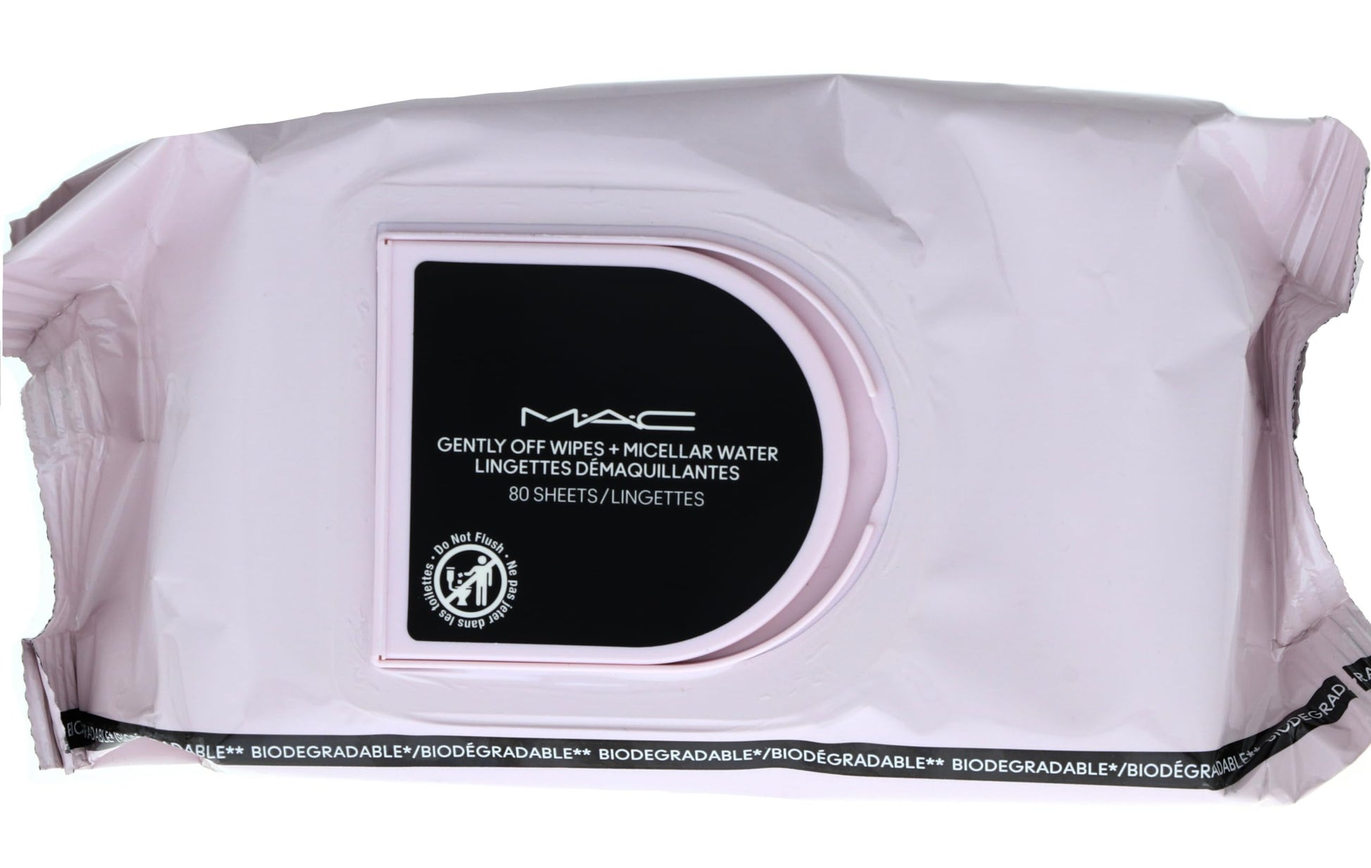 Side view of MAC Gently Off Wipes showing 80 sheet count