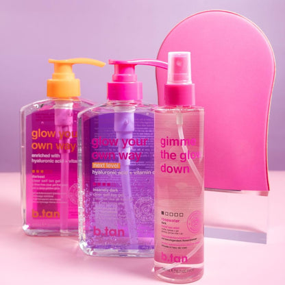 B.Tan Glow Your Own Way clear gel bottle with professional lighting