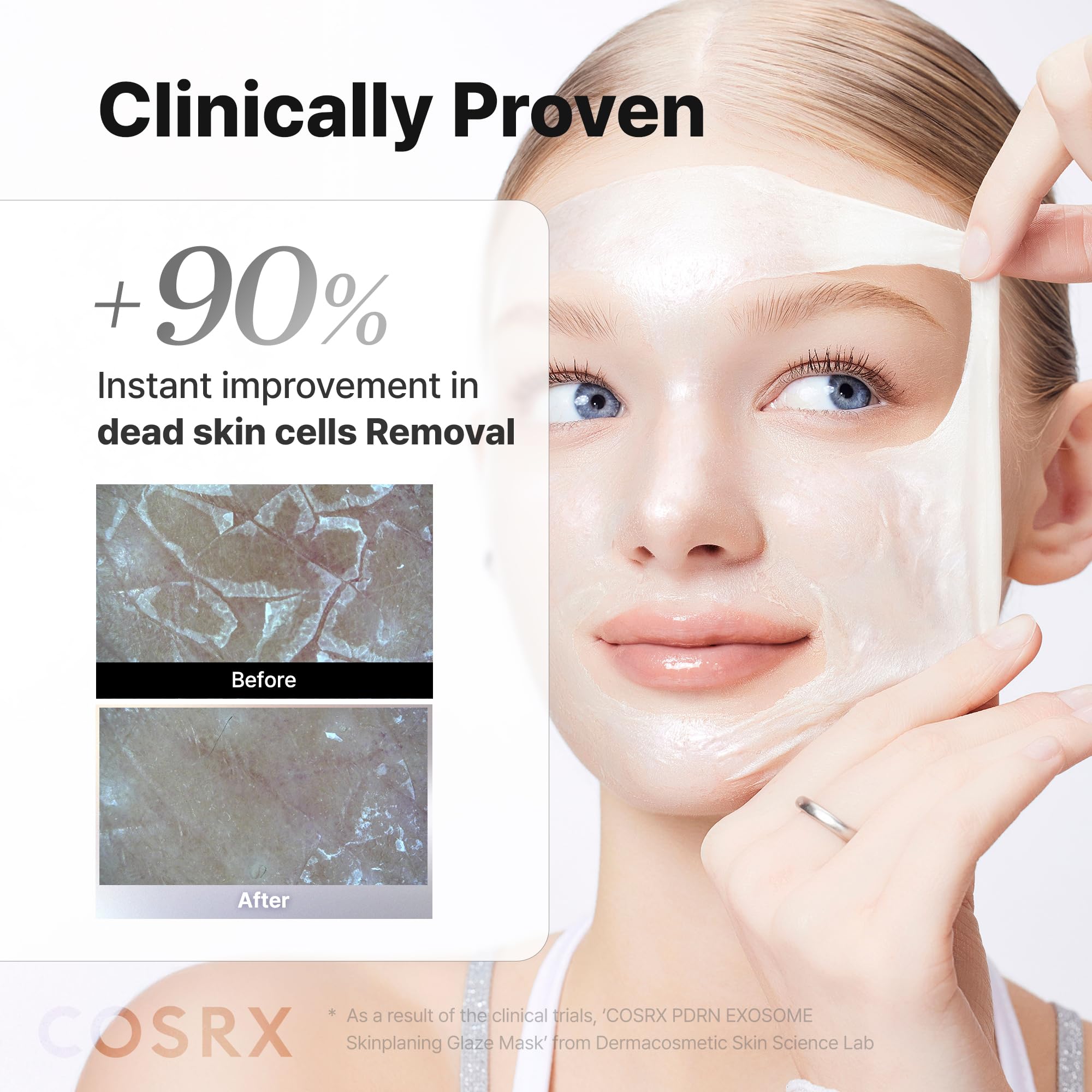 Peeling off the clear COSRX exosome wrapping mask in one piece to reveal radiant glowing skin.