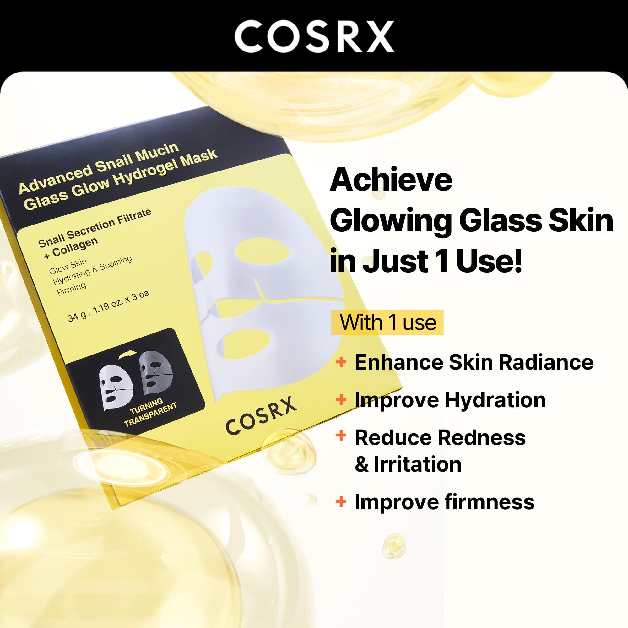 The transparent hydrogel mask texture demonstrating how the active ingredients dissolve into the skin during use.