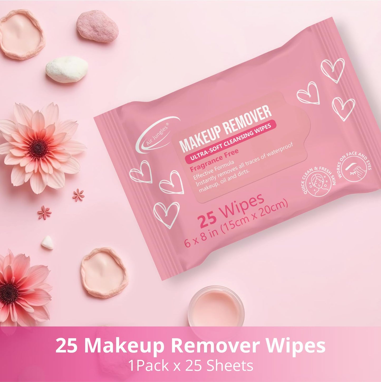 Air Jungles Vitamin E infused face wipes being used to gently clear waterproof eye cosmetics.
