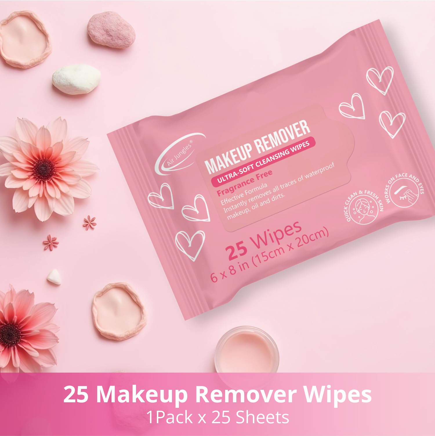 Air Jungles Vitamin E infused face wipes being used to gently clear waterproof eye cosmetics.