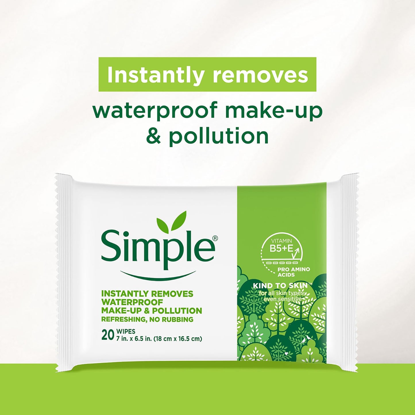 Simple face wipes packaging showing Vitamin B5 and E benefits