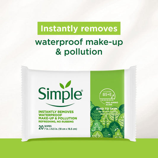 Simple face wipes packaging showing Vitamin B5 and E benefits
