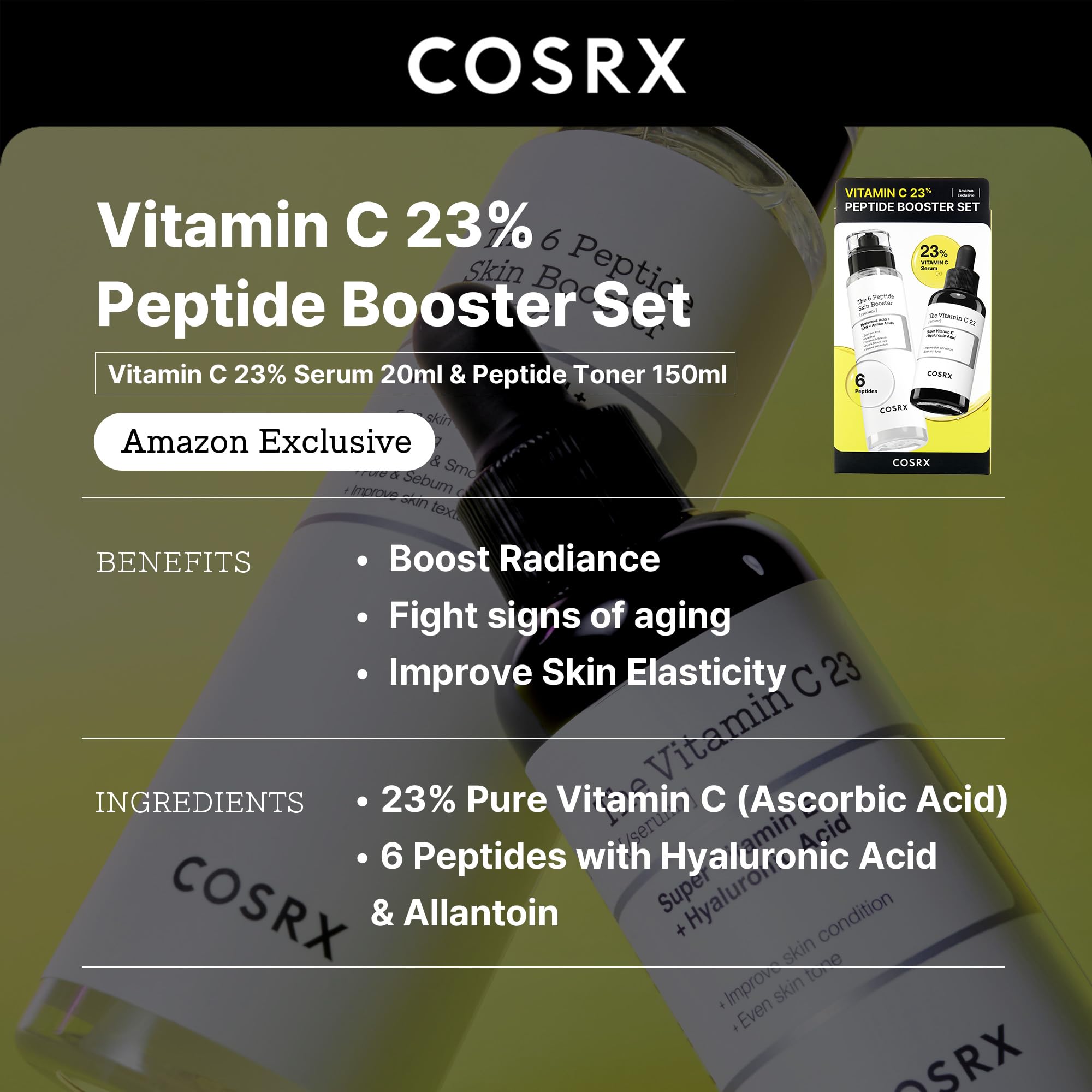 COSRX Niacinamide 15 Serum bottle next to the 6 Peptide Skin Booster bottle