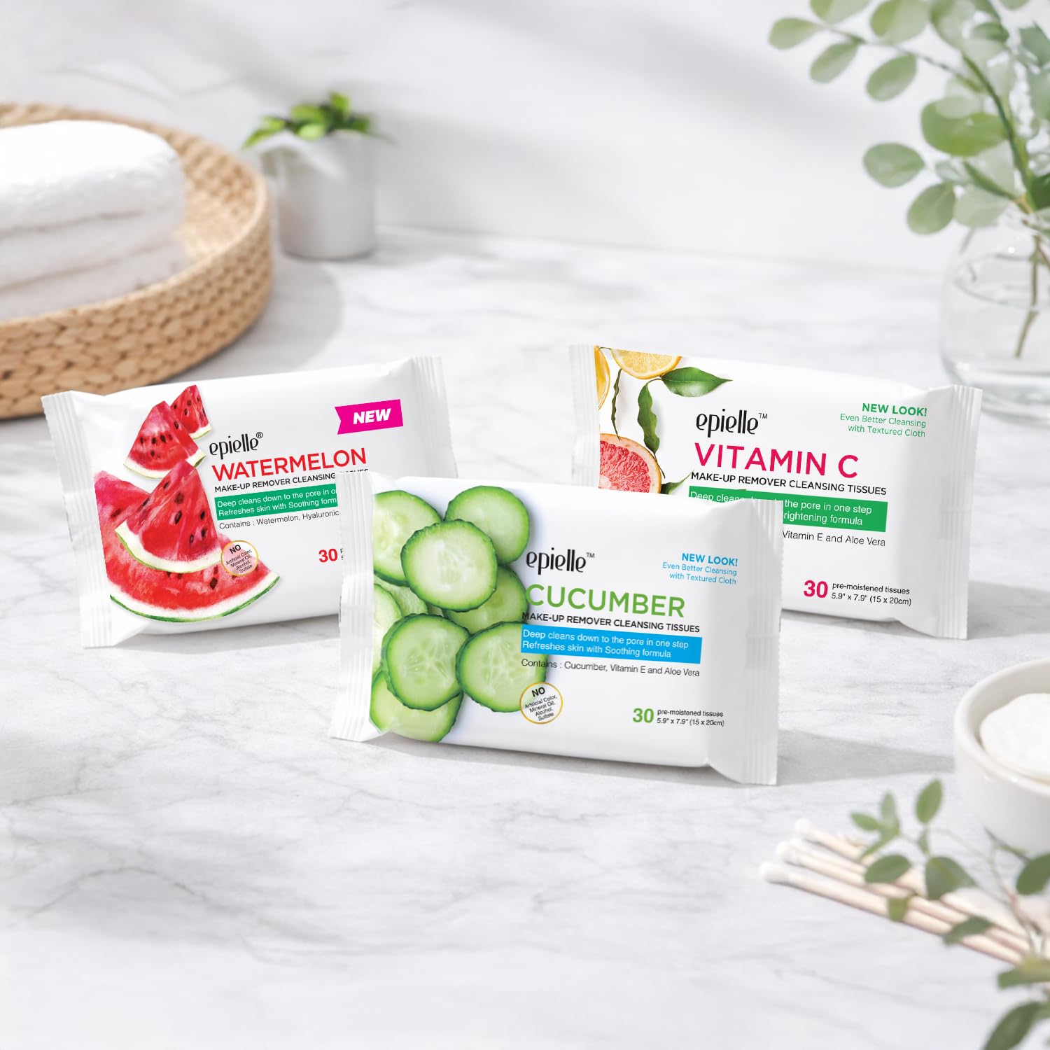Close up of Epielle facial cleansing wipes packaging features