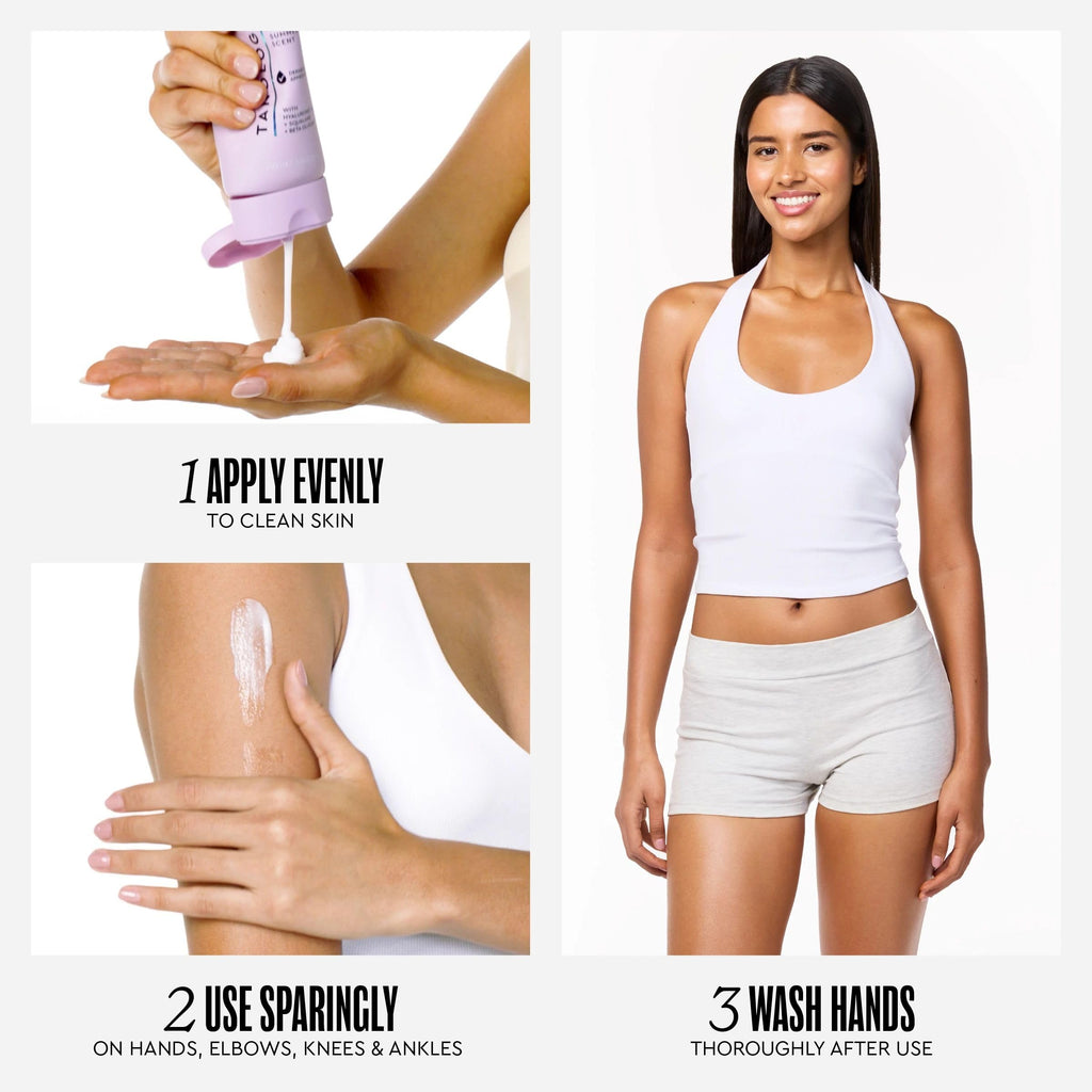 Tanologist hydrating body tanner bottle beside natural ingredients