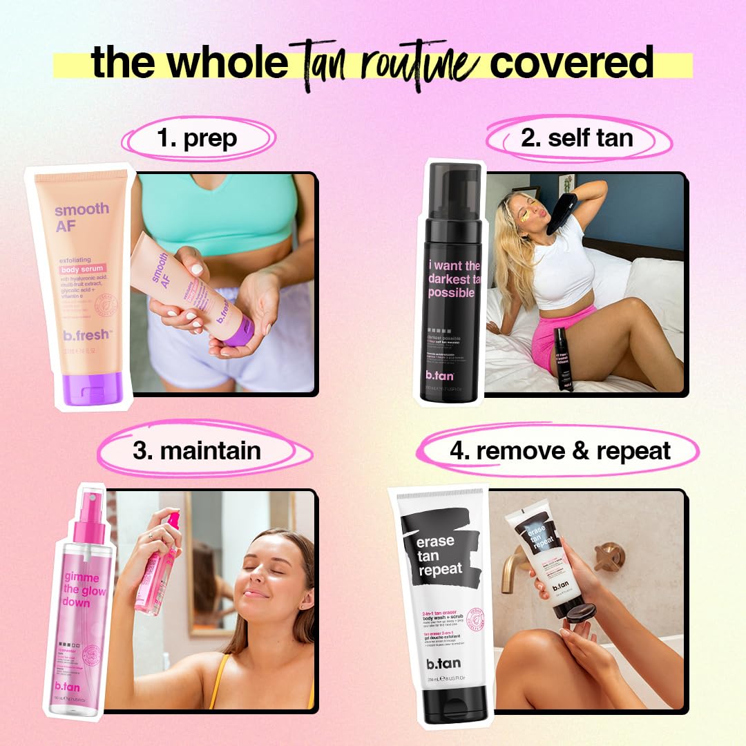 B.TAN express sunless tanning foam bottle placed on a clean beauty vanity setup