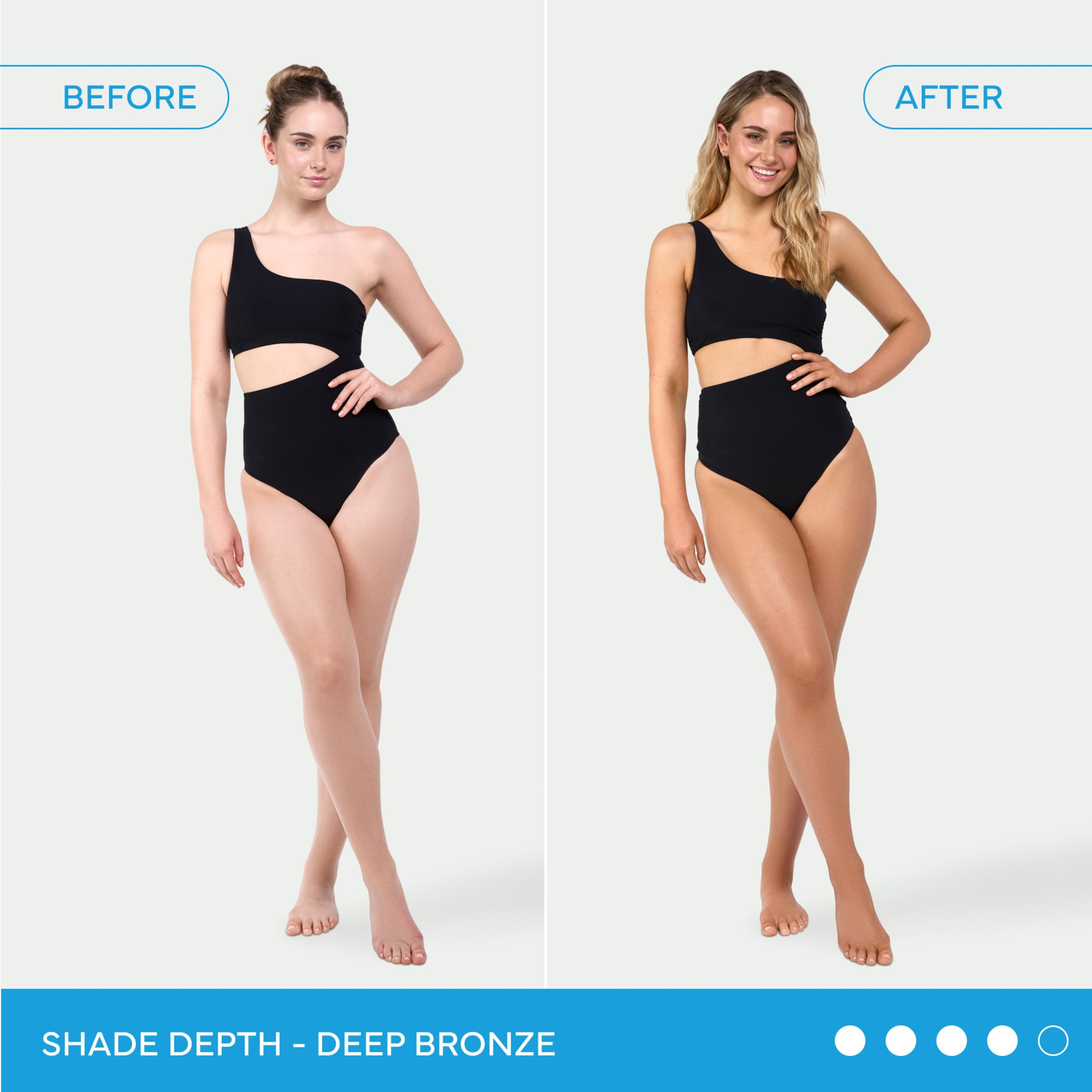 Model showing before and after results of Bondi Sands tan