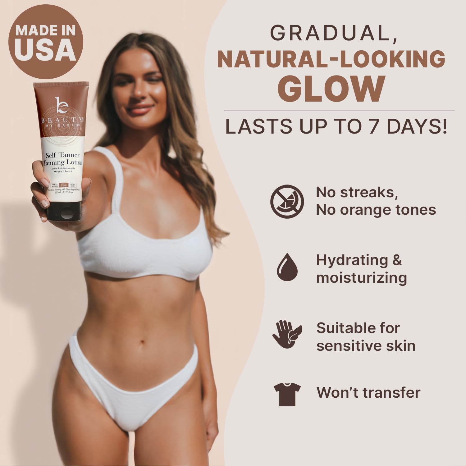 Model showing streak-free bronze skin after using Beauty by Earth