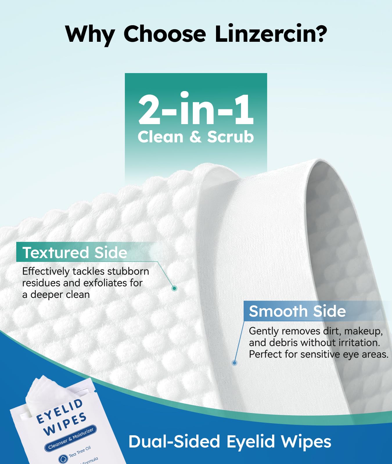 Close up of Linzercin eye wipe texture for sensitive skin
