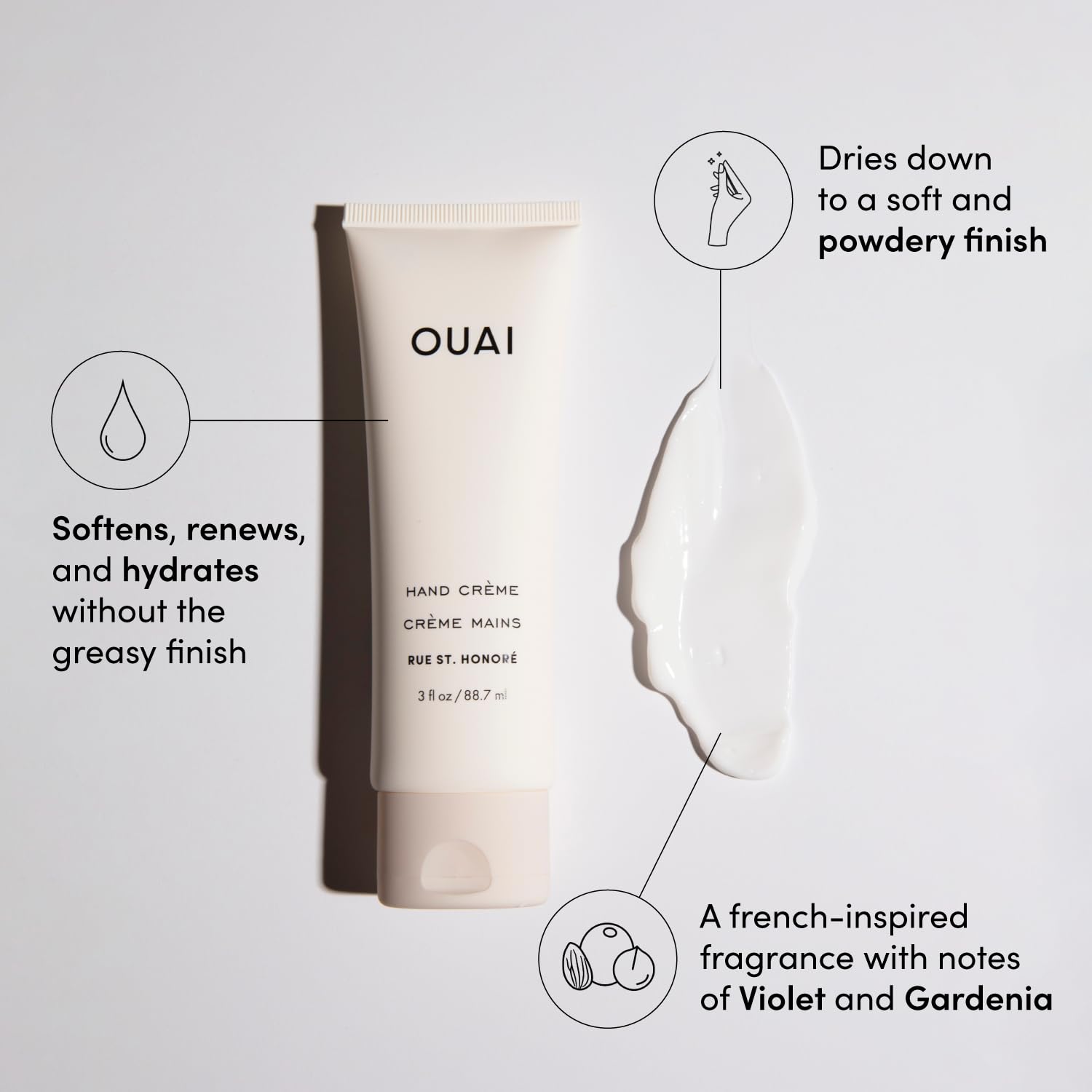 OUAI Rue St Honore hand cream texture close up showing creamy balm consistency
