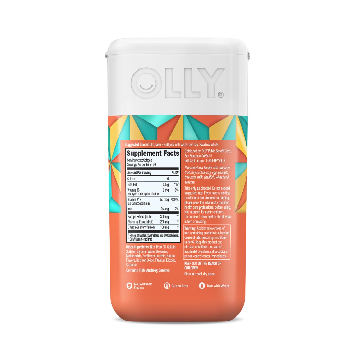 Authentic OLLY memory and concentration daily supplement bottle close up view
