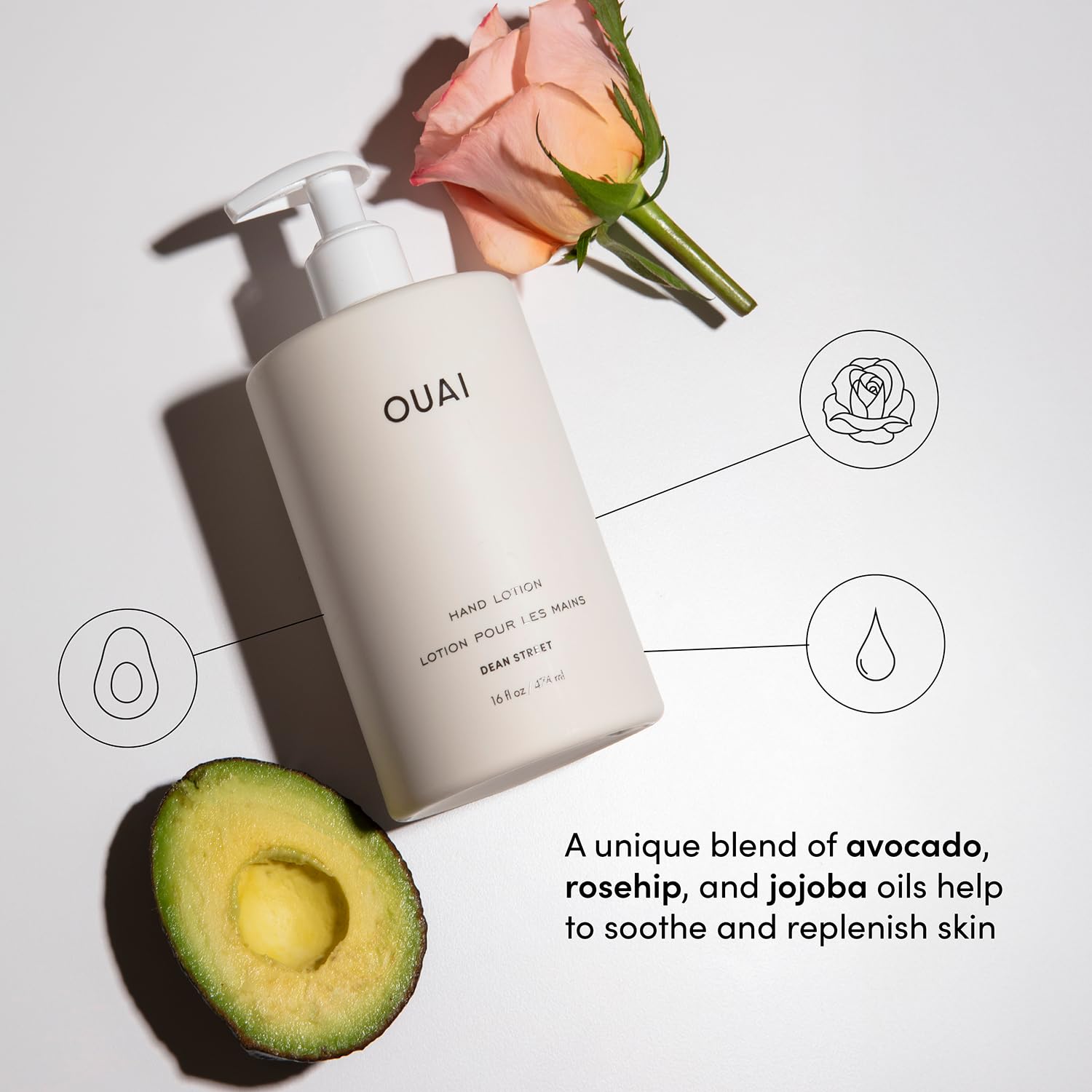 OUAI Dean Street luxury hydrating skin lotion bottle showing pump applicator details