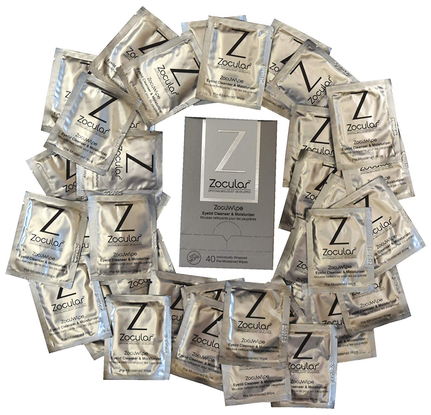 Close up of Zocular okra-infused eyelid wipes individual pack