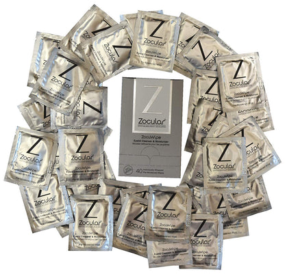 Close up of Zocular okra-infused eyelid wipes individual pack