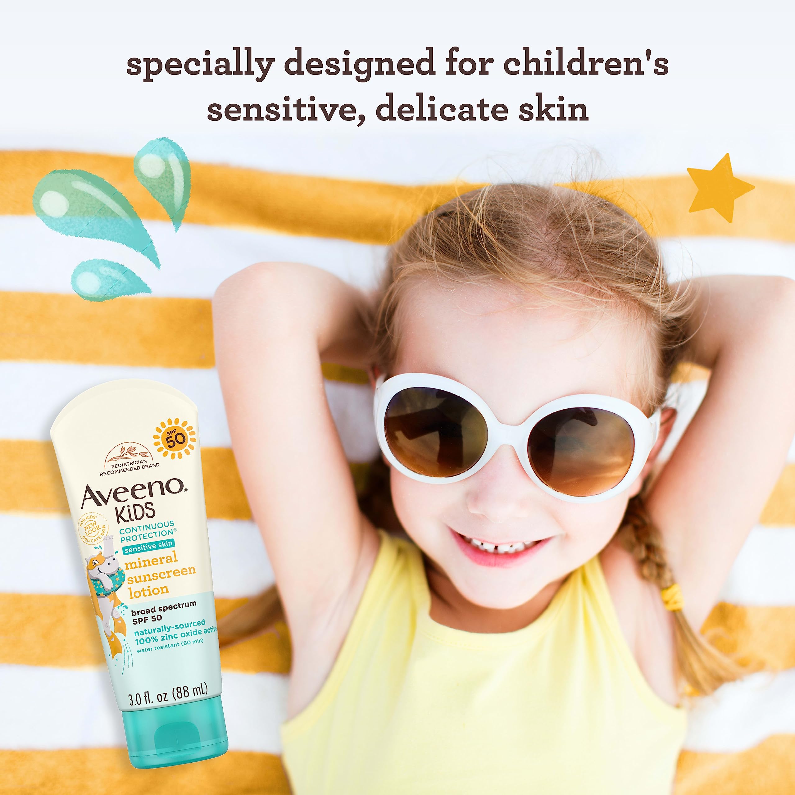 Back of Aveeno Kids sunscreen packaging with ingredient details