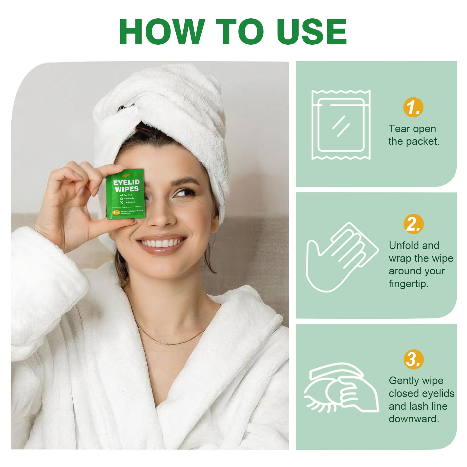 Person using Zeefpod tea tree oil wipe on closed eyelid
