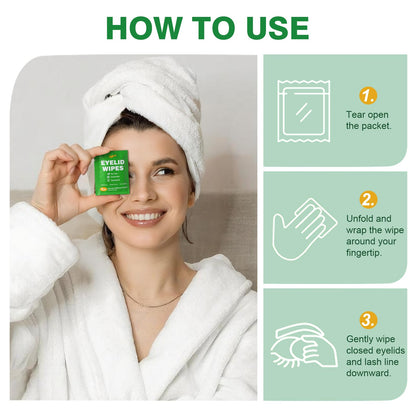 Person using Zeefpod tea tree oil wipe on closed eyelid