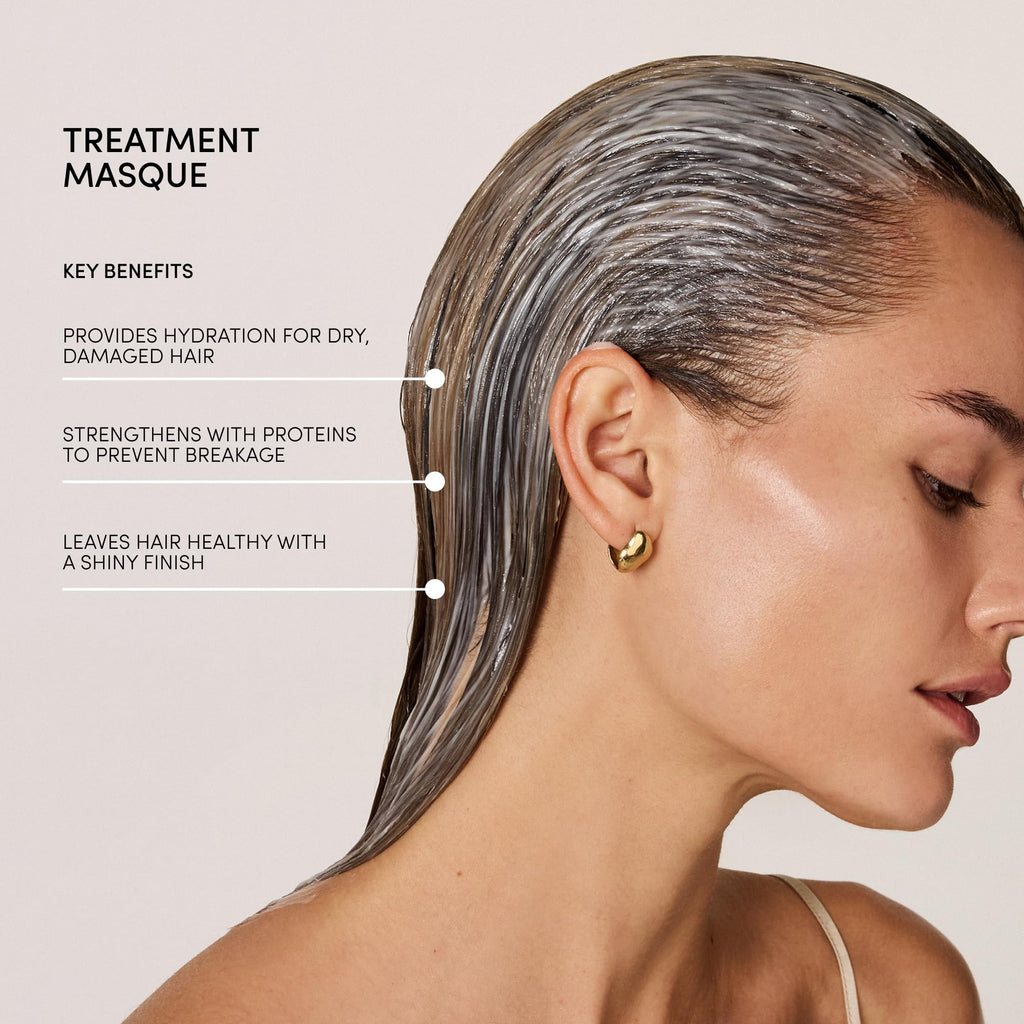 OUAI Fine to Medium Hair Treatment Masque shown alongside application styling tools
