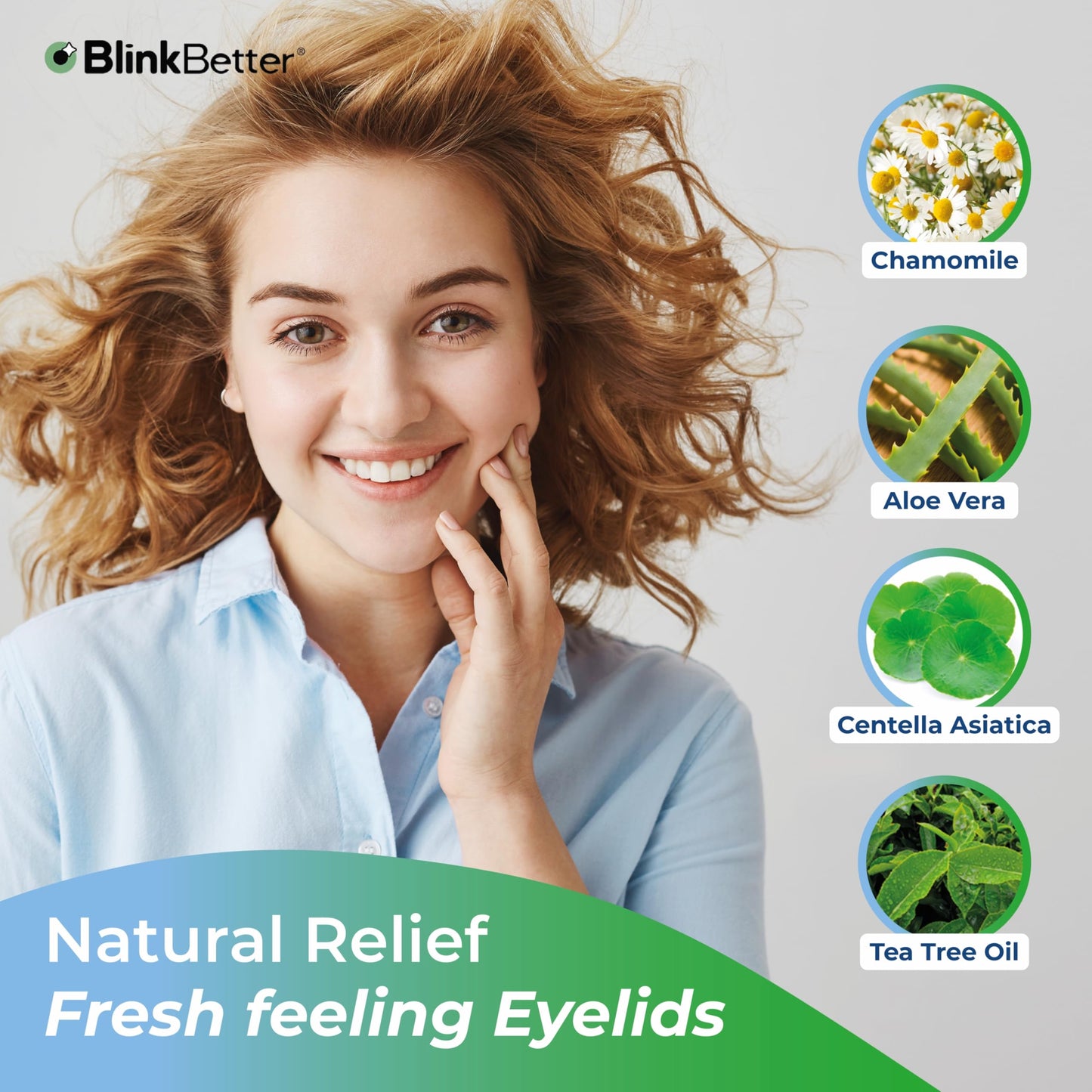 BlinkBetter MGD relief wipes highlighting natural tea tree oil and chamomile ingredients