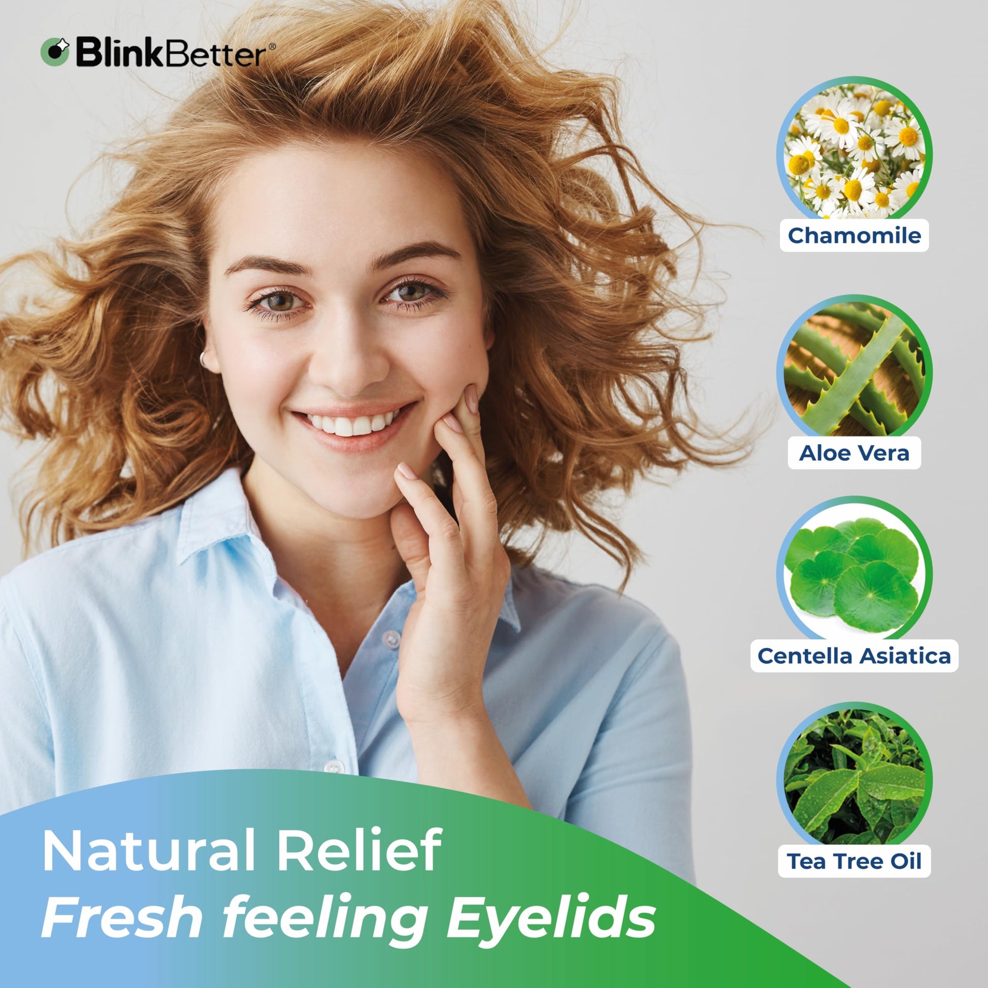 BlinkBetter MGD relief wipes highlighting natural tea tree oil and chamomile ingredients