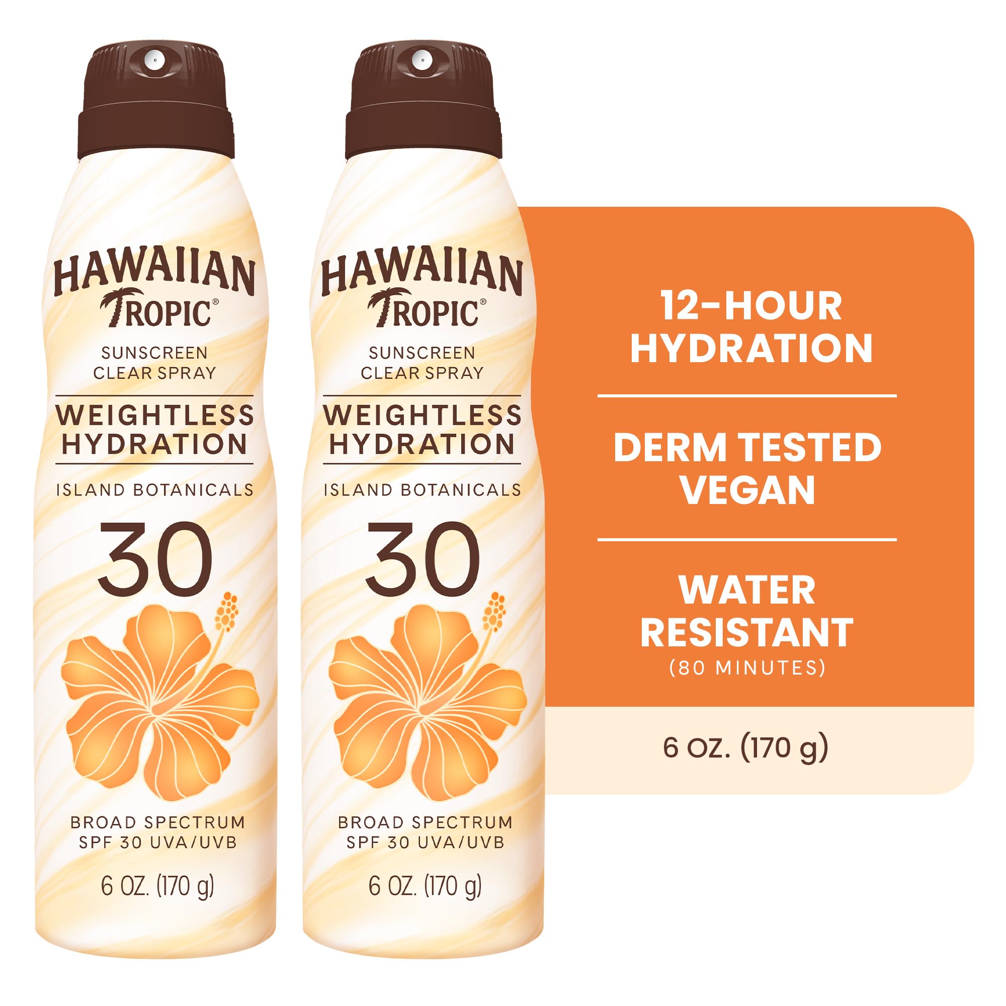 Hawaiian Tropic SPF 30 spray bottles showing broad spectrum protection label