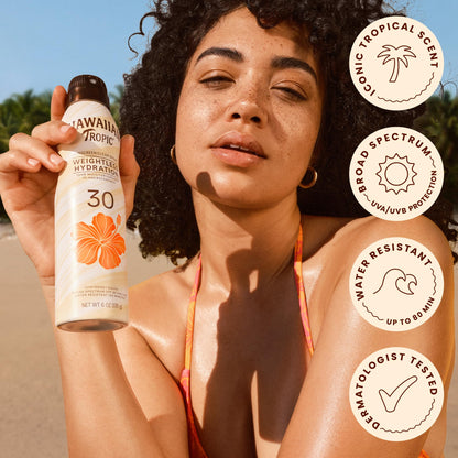 Side view of Hawaiian Tropic clear spray bottle highlighting weightless formula