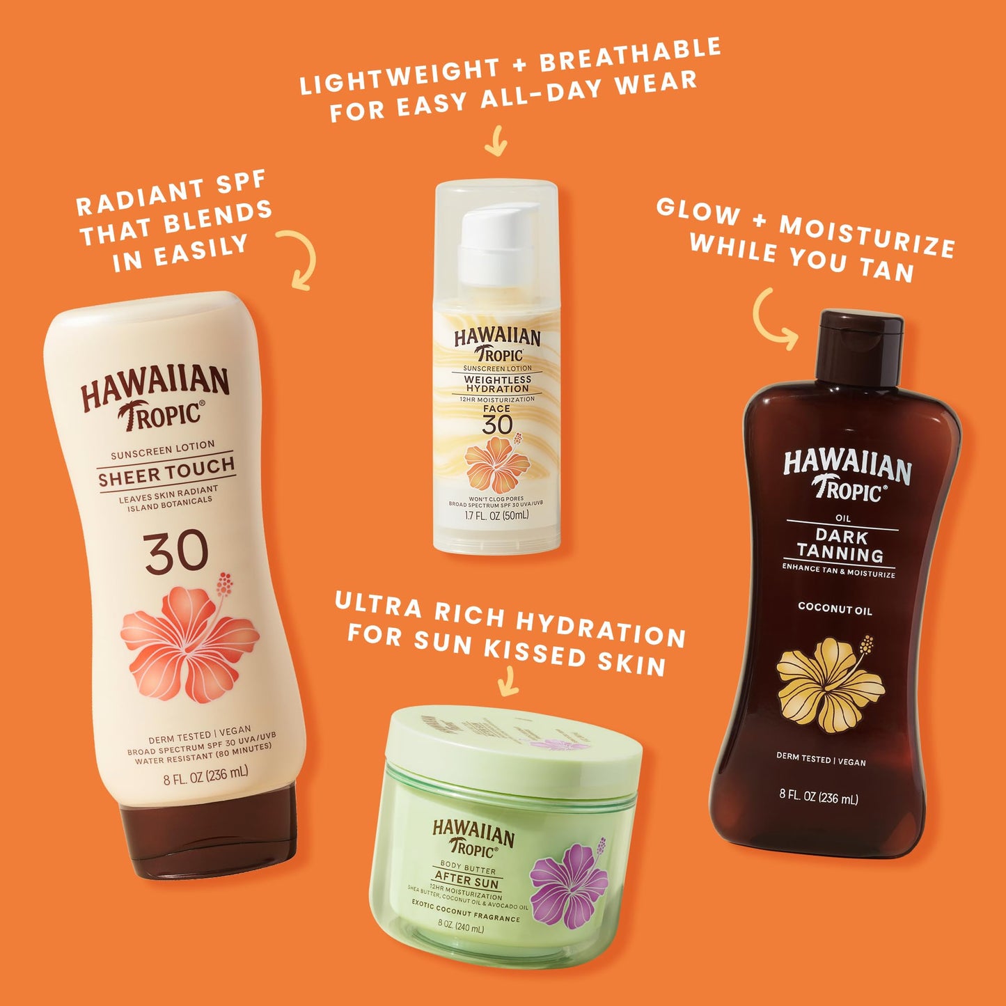 Hawaiian Tropic sunscreen bottles next to tropical travel items