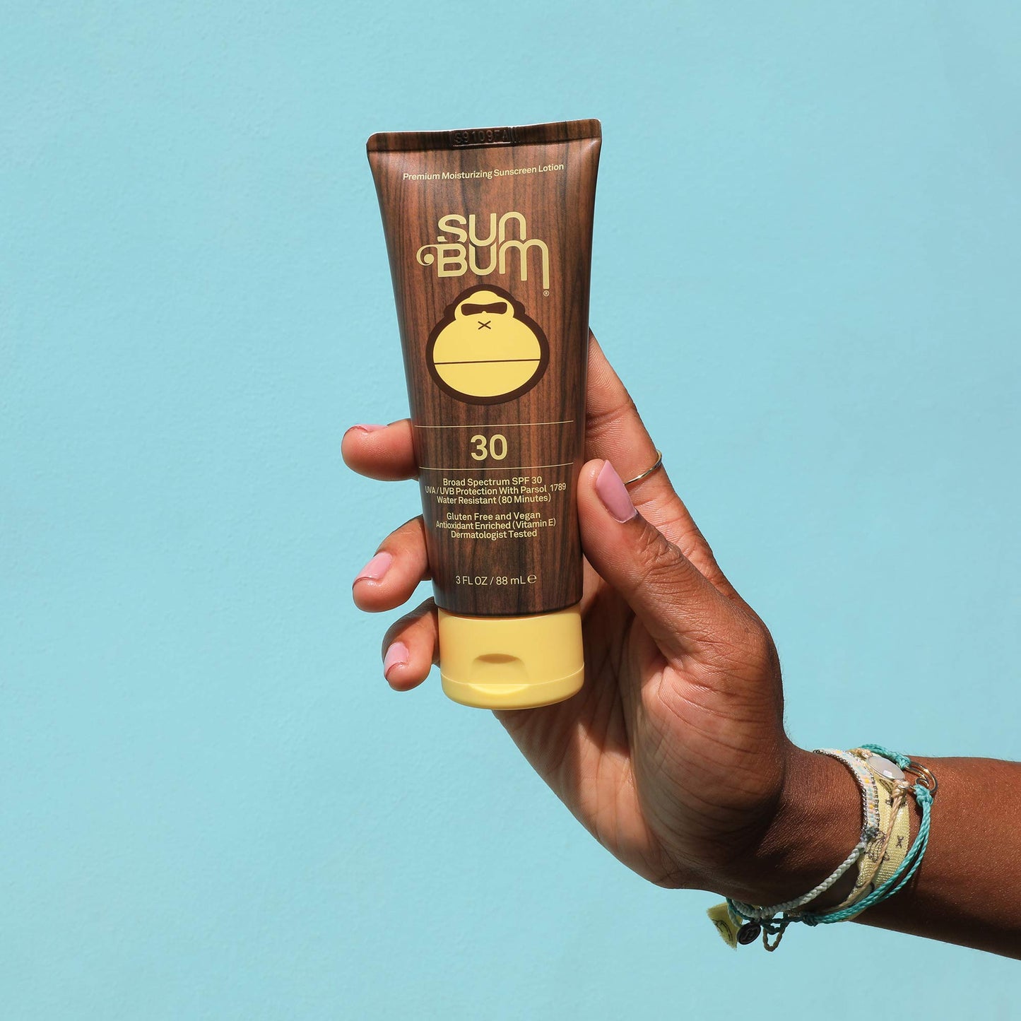 Sun Bum sunscreen lotion showing vegan and reef safe labels