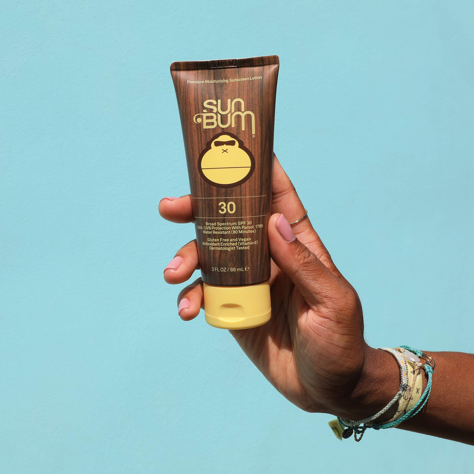 Sun Bum sunscreen lotion showing vegan and reef safe labels