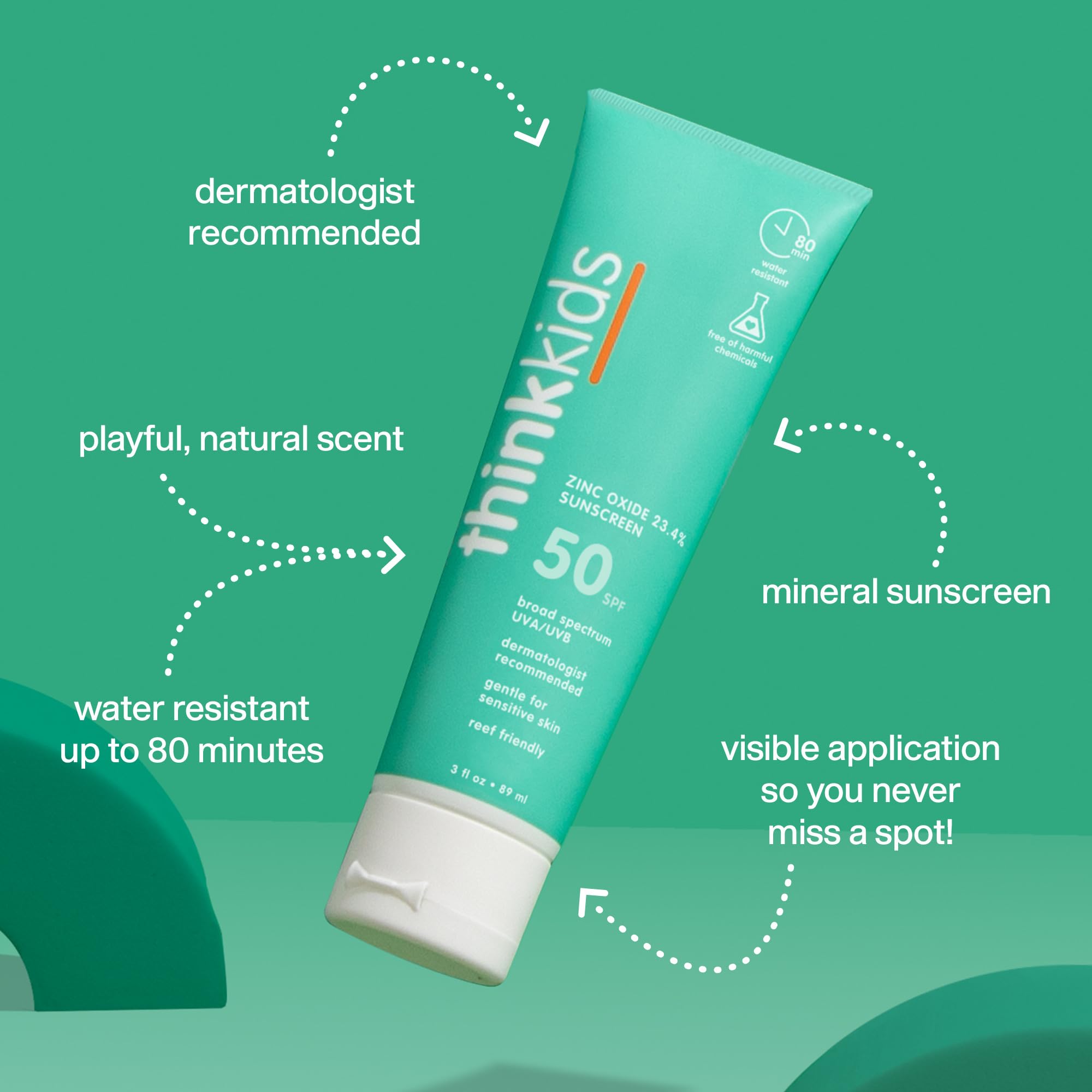 Back of Think Kids sunscreen tube showing application instructions