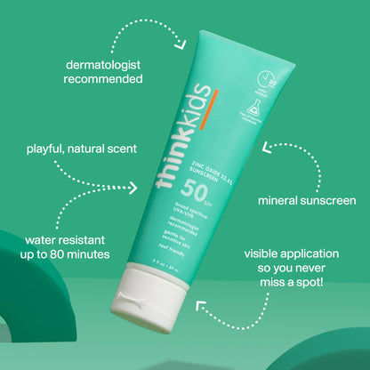 Back of Think Kids sunscreen tube showing application instructions