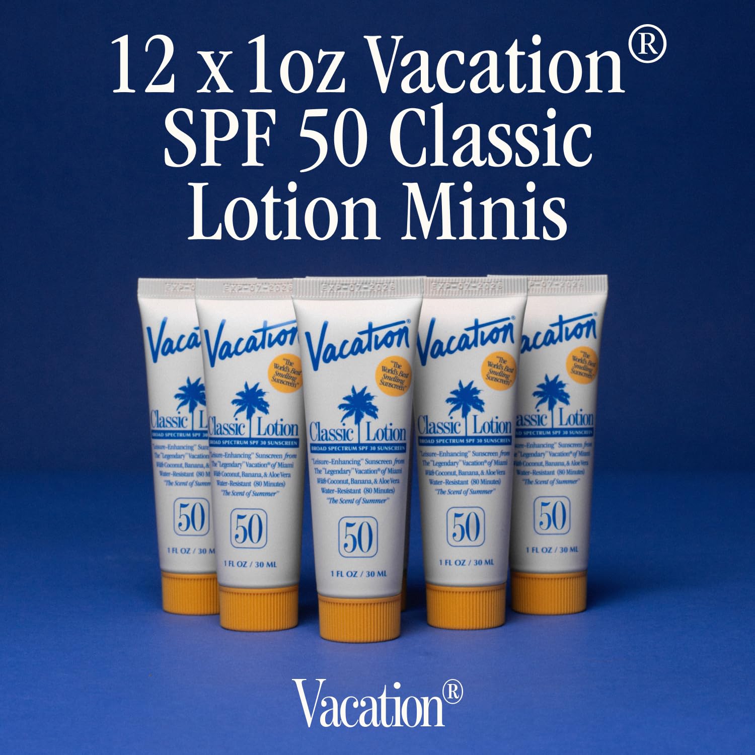 Close up of Vacation SPF 50 mini sunscreen tube