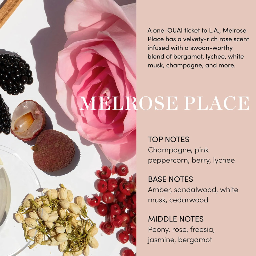 OUAI Scalp And Body Scrub label detail showing Melrose Place fragrance