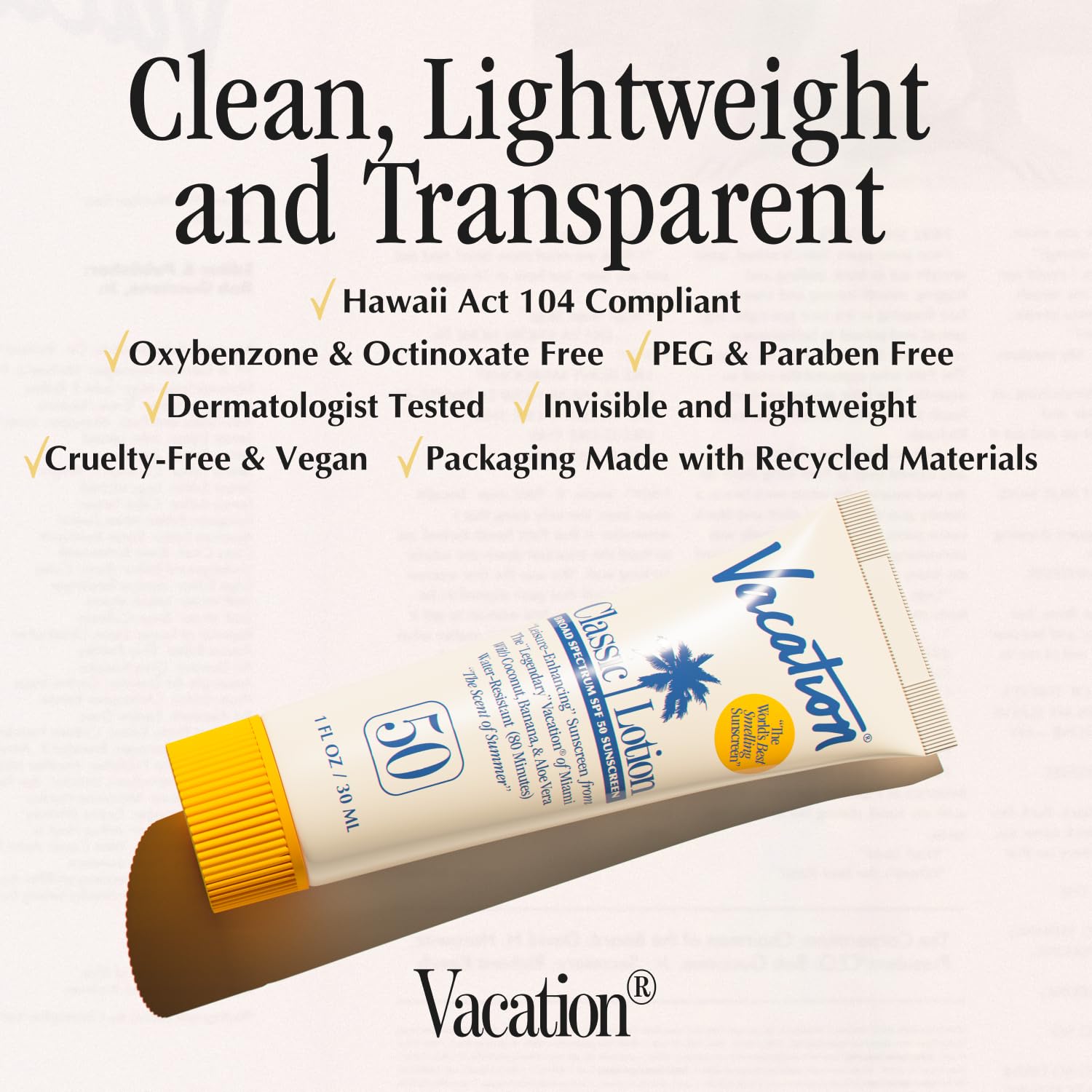 Back of Vacation Mini Classic Lotion packaging showing SPF 50