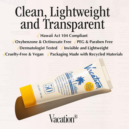 Back of Vacation Mini Classic Lotion packaging showing SPF 50