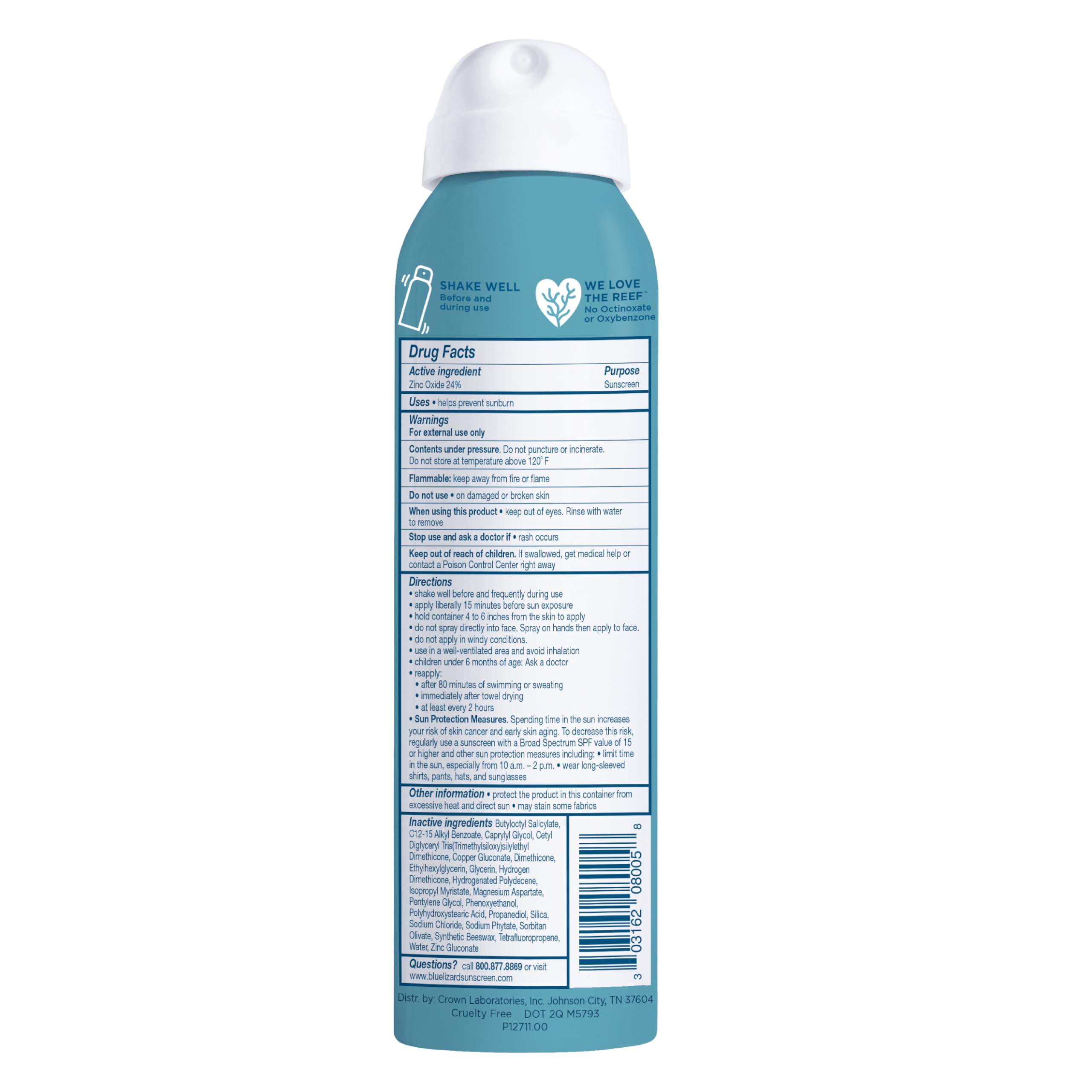 Blue Lizard SPF 50 spray bottle showing zinc oxide mineral formula.