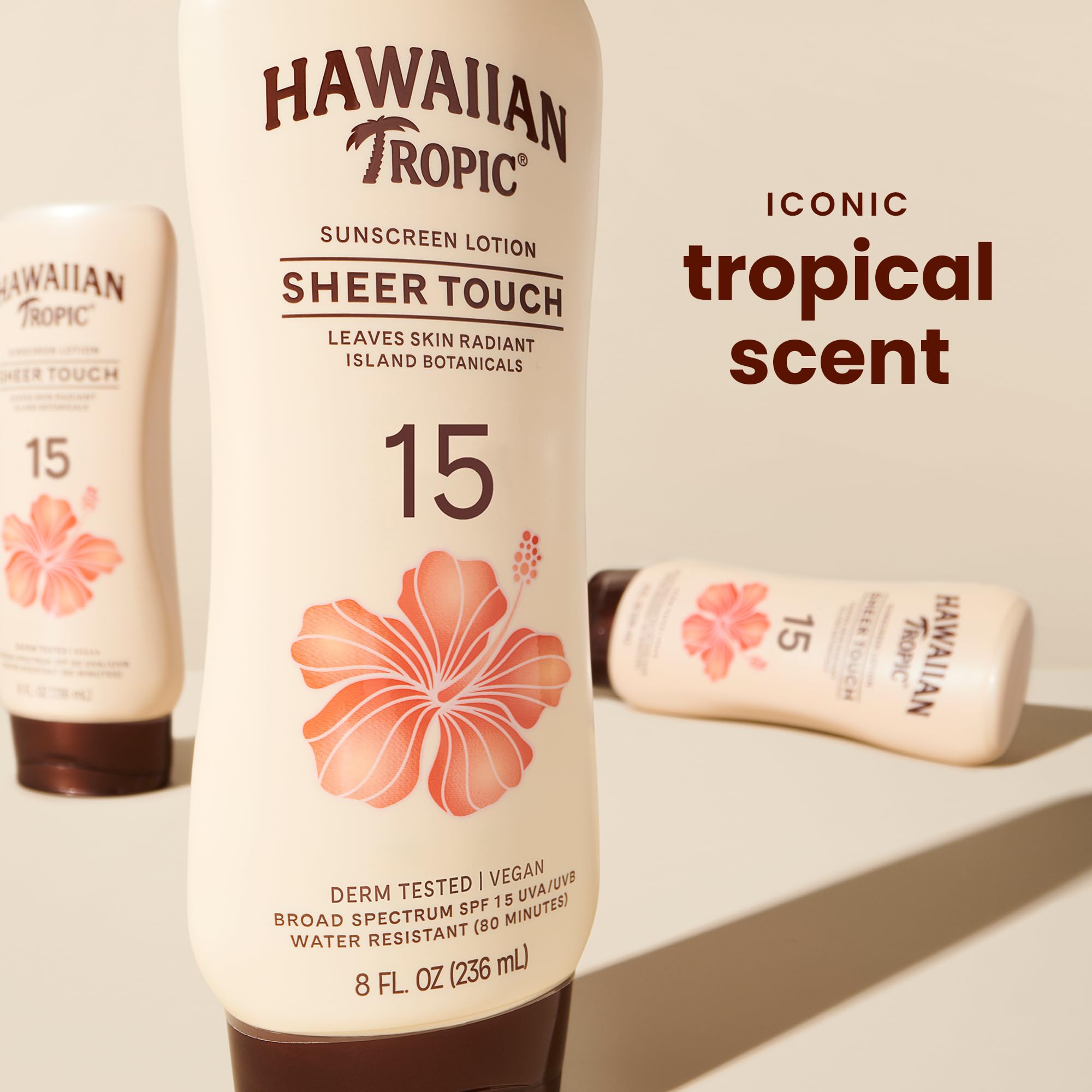 Back label of Hawaiian Tropic Sheer Touch sunscreen with ingredient list