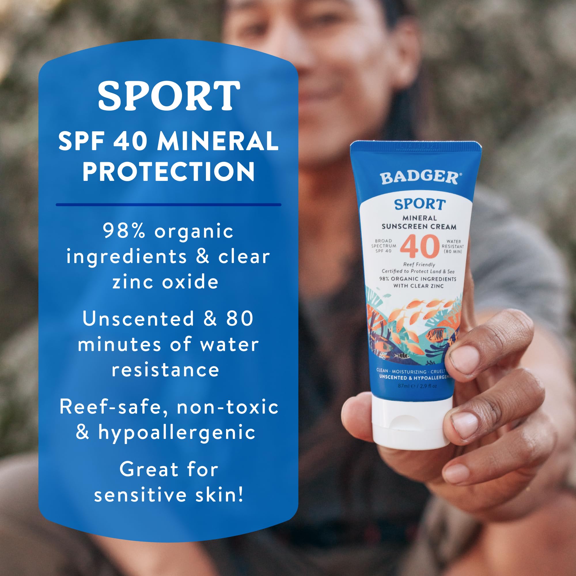 Badger Sport SPF 40 sunscreen packaging details and labels