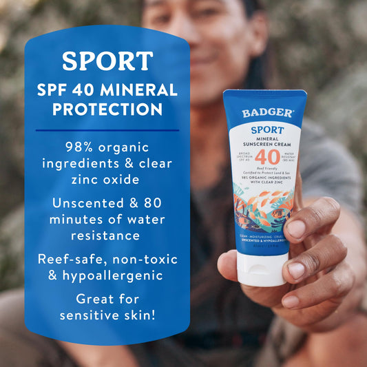 Badger Sport SPF 40 sunscreen packaging details and labels