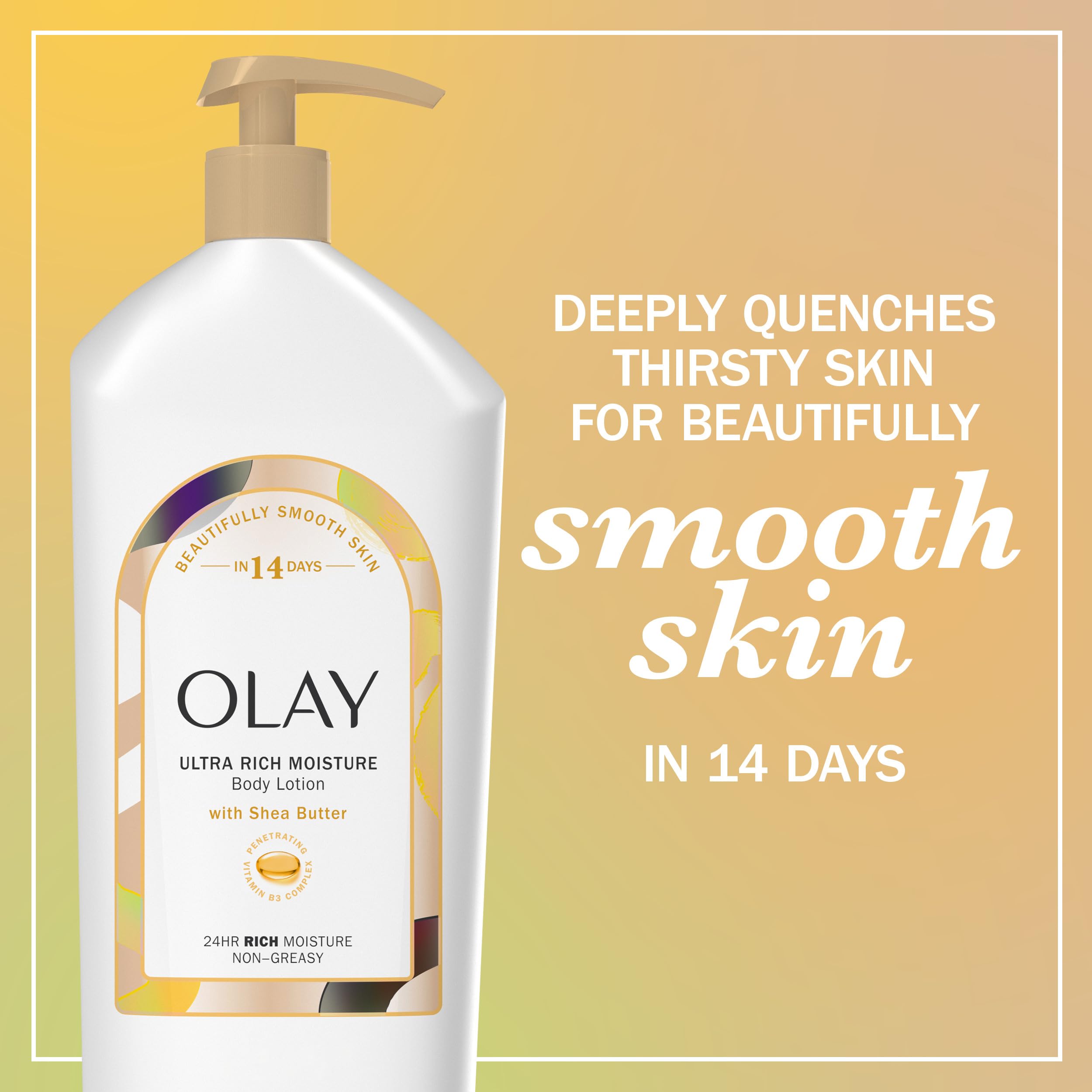 Close up of Olay body lotion bottle featuring Vitamin B3 complex label