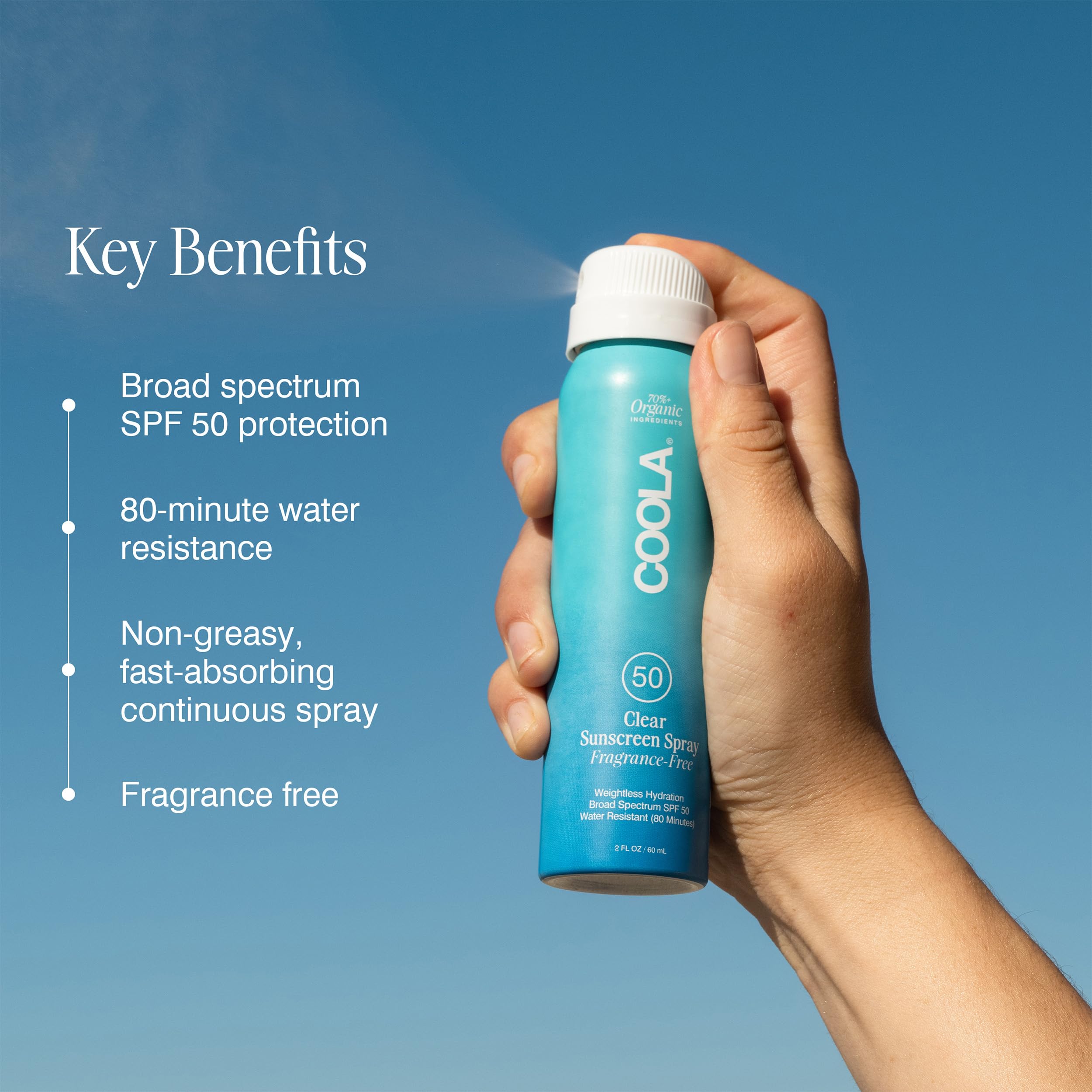 Side profile of Coola fragrance-free SPF 50 sunblock spray