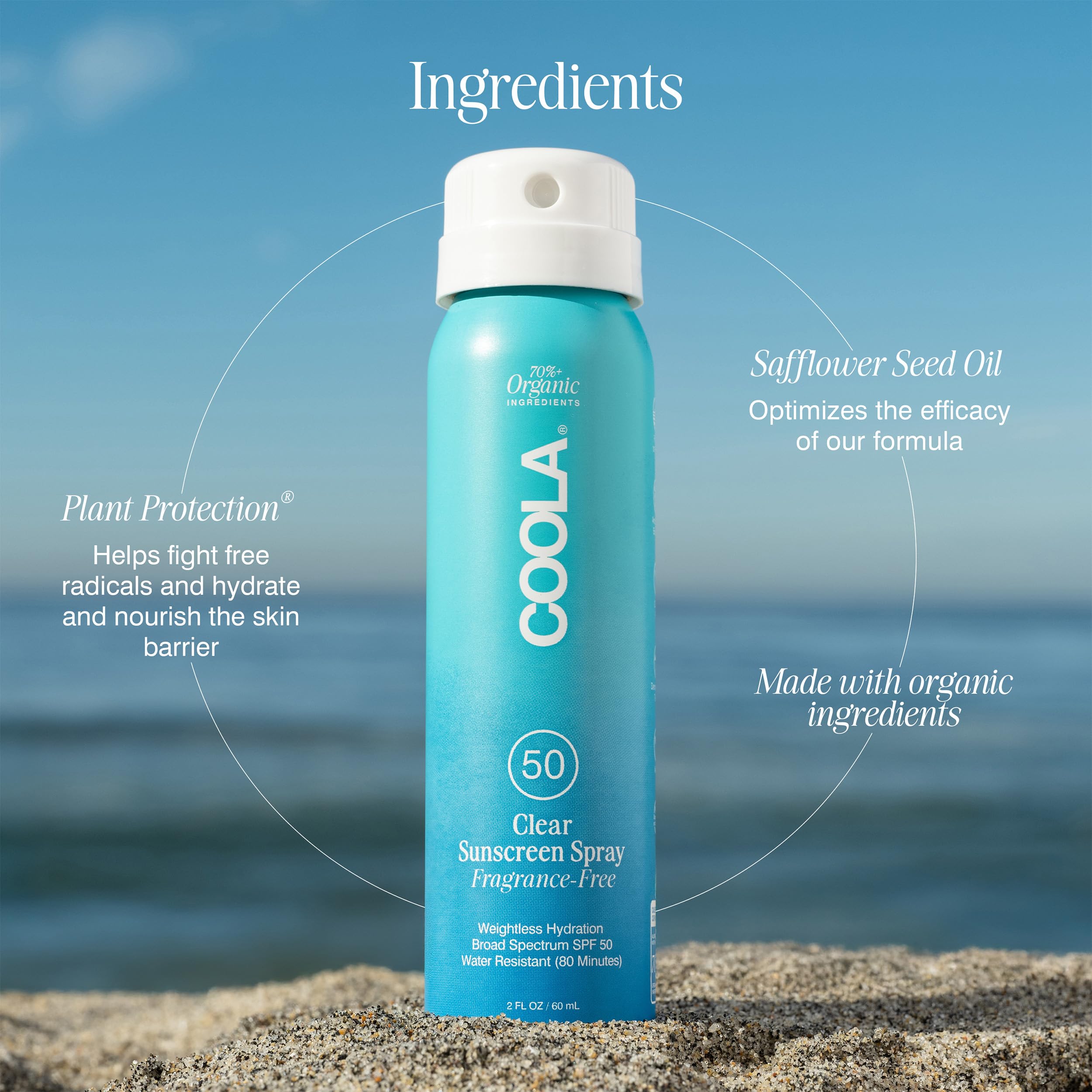 Close up of Coola broad spectrum sunscreen spray application