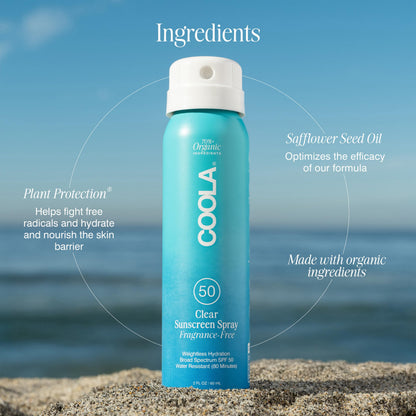 Close up of Coola broad spectrum sunscreen spray application