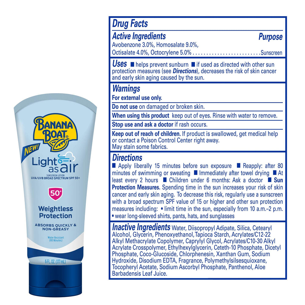 Banana Boat Light As Air Sunscreen Lotion SPF 50 twin pack box layout